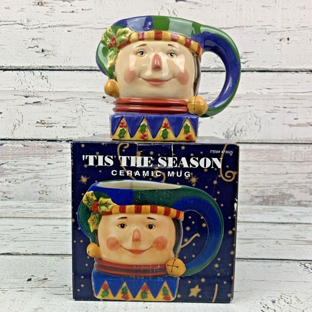 Tis The Season Ceramic Mug Figural Holiday Christmas Jester Clown Oversized 20oz